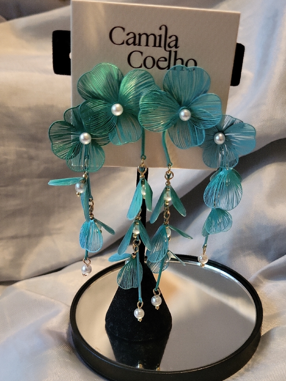 Camila Coelho Turquoise Floral Drop Earrings with Pearl Accents Aqua Minty Te